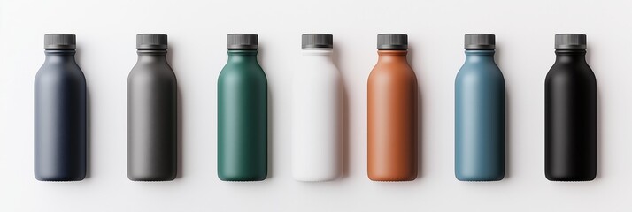 Row of various colored matte reusable water bottles. Eco-friendly metal containers for hydration and sustainable living. Product mockup on a white background