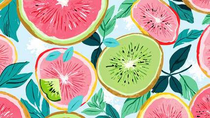 Colorful slices of grapefruit and kiwi with green leaves on a light blue background, fresh and fun
