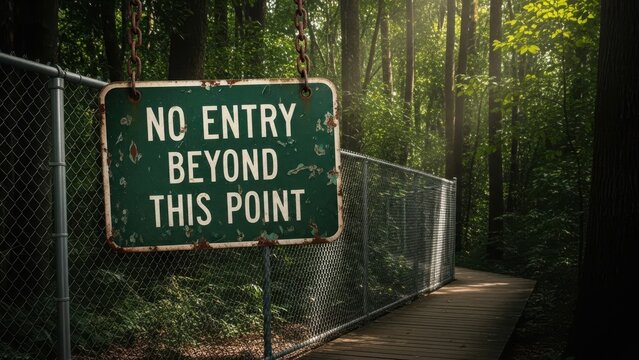 A weathered no entry sign marks the beginning of a restricted forest path