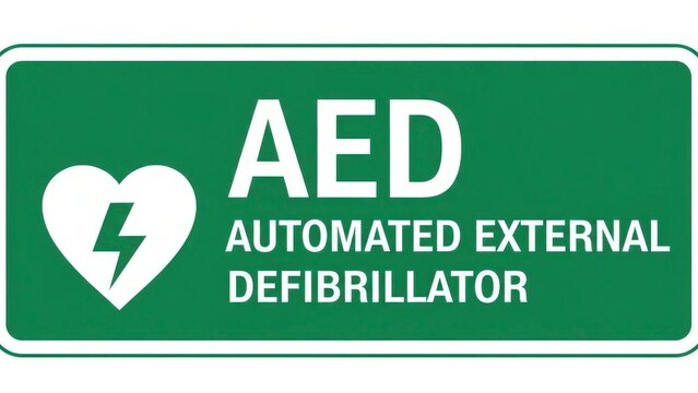 Green sign indicating the location of an automated external defibrillator (aed) for emergency use
