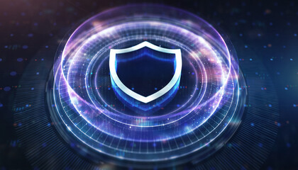 Cyber Fortress: A striking emblem of digital security, showcasing a shield encircled by glowing energy fields, signifying robust protection in the realm of technology. 