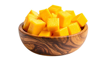 Diced mango pieces in wooden bowl on white background