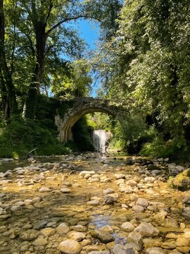 Lavandaia Waterfall near Montella, surrounded by green forest and natural landscape in the Irpinia countryside of southern Italy.