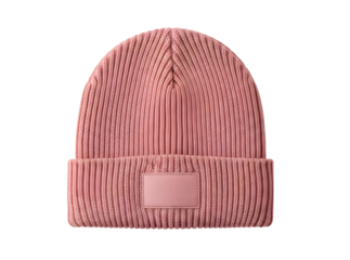 Pink rib knit cozy beanie hat, front view with square blank patch