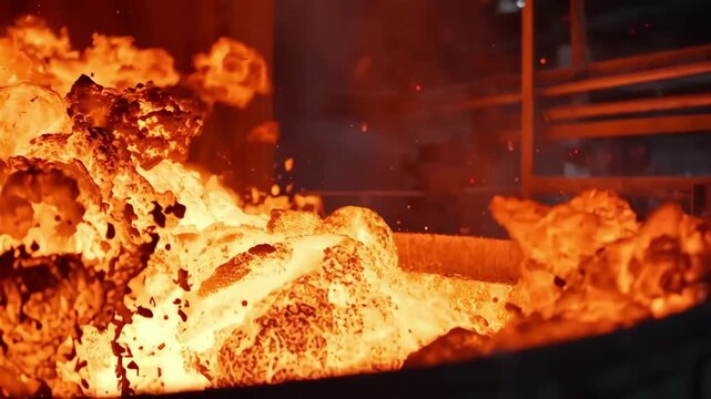 Medium shot capturing thermal gasification of hazardous materials focusing on intense heat breaking down waste into useful syngas for energy recovery.