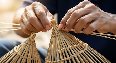Hands weaving intricate bamboo crafts reflecting artisanal tradition