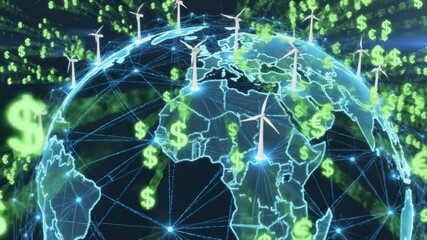 Animated Earth Shows Wind Turbines and Money Transferring Globally