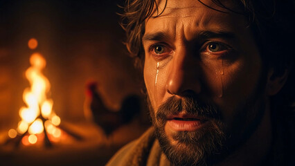 Man with tearful eyes contemplating by the fire, a biblical scene depicting Peters denial of Jesus with a rooster in the background.