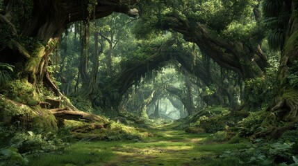 Enchanting forest trail with towering trees and lush greenery creating a serene natural pathway