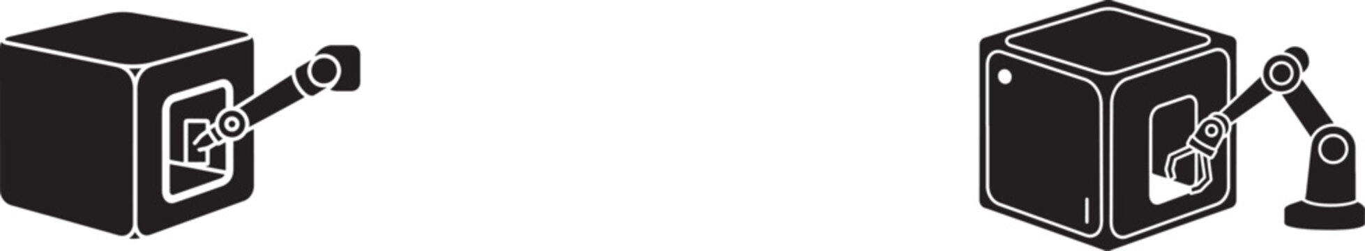 A depiction of automated robotic arms interacting with cubic forms showcasing industrial automation and precision engineering