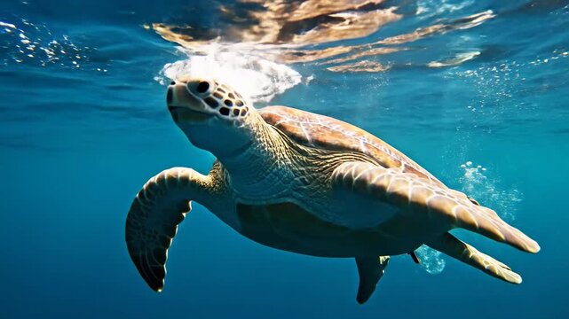 Loggerhead Sea Turtle Swimming in Deep Blue Ocean Waters