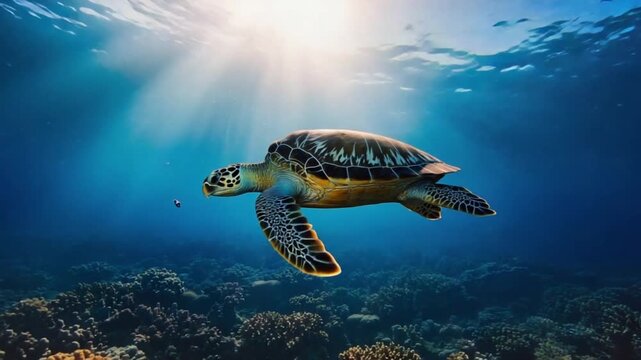 A solo sea turtle gracefully swims above a diverse coral reef, illuminated by dramatic sunbeams.
