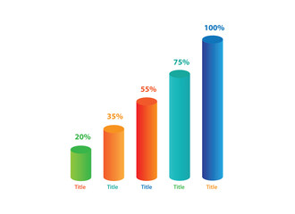 Progressive 3D bar chart with percentage values. Cylinder graph chart infographic elements for app ui ux web.