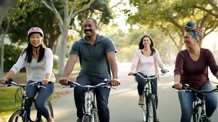 Diverse group of friends enjoying a sunny bike ride through a park.