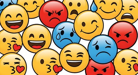 Colorful emoji faces collection. Set of expressive circular emoticon icons in flat style. Vector cartoon illustration with different emotions, feelings, and moods like happy