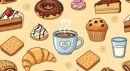 Bakery items and hot drink set isolated vector illustration
