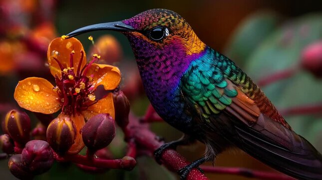 exotic hummingbird on tropical flower, colorful colibri in tropical garden, vibrant hummingbird feeding on blossom