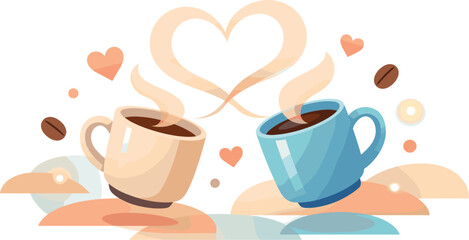 Obraz premium Coffee Love Romance. Abstract coffee romance scene built from floating mugs, heart steam trails, and glowing warm highlights,