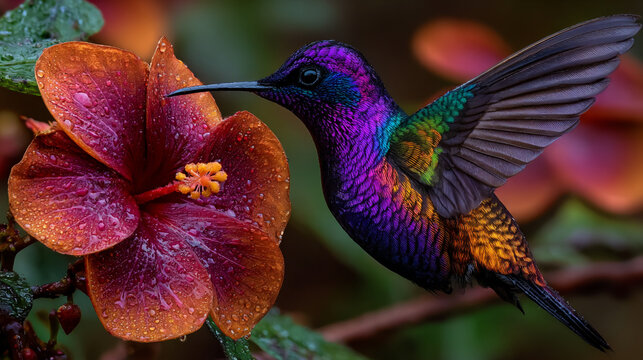exotic hummingbird on tropical flower, colorful colibri in tropical garden, vibrant hummingbird feeding on blossom