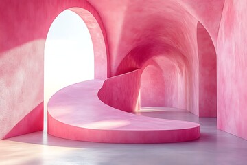 A vibrant pink curved ramp ascends through a series of repeating arches leading to a bright exit