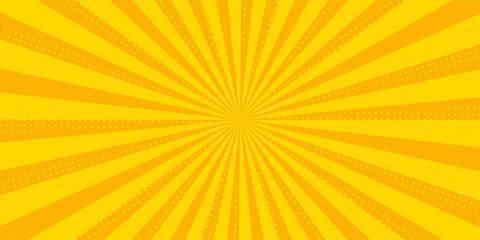 Abstract orange comic background. Art pop cartoon backdrop. Halftone effect pattern. Fun anime texture. Starburst manga style bg. Mark popart radial gradient. Spiral, swirl, comic rays.