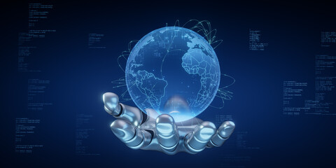 Naklejka premium Robotic Hand Holding Digital Earth with Network and Code