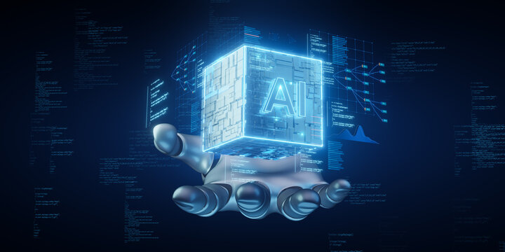 Robotic Hand Holding AI Cube with Digital Data Background