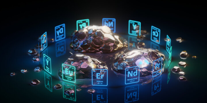 Rare Earth Elements with Glowing Periodic Table Symbols