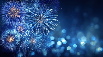 Blue Fireworks Display with Bokeh Lights for Celebration Backgrounds