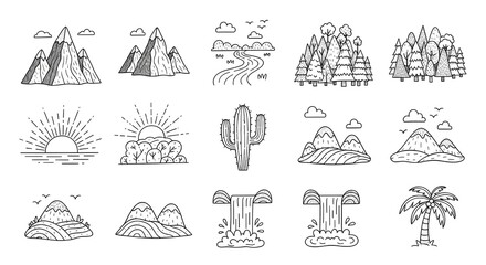 Set of linear nature icons. Landscape icons in simple design. Vector illustration