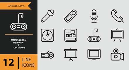 Essential line icons for meeting room equipment and presentation tools