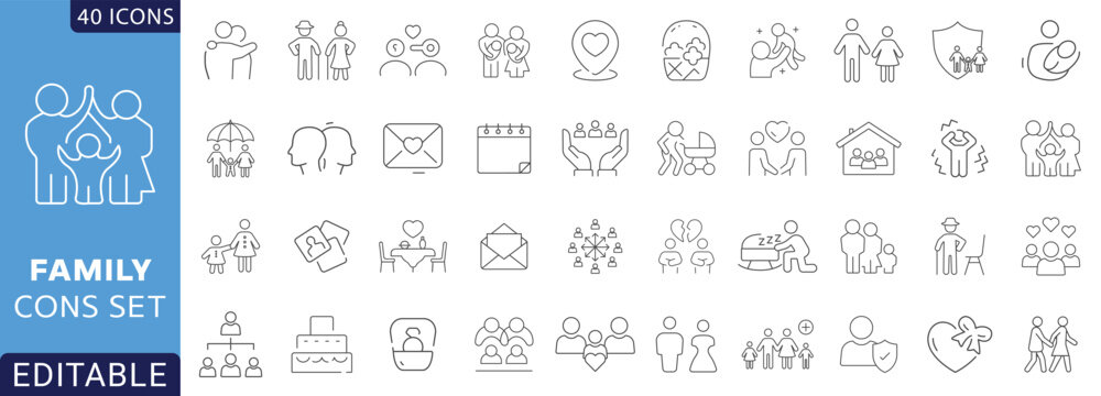 Family line icon set. Contain icons related to grandparents, children, parenthood, adoption, and more. Fully Editable . Vector illustration.

