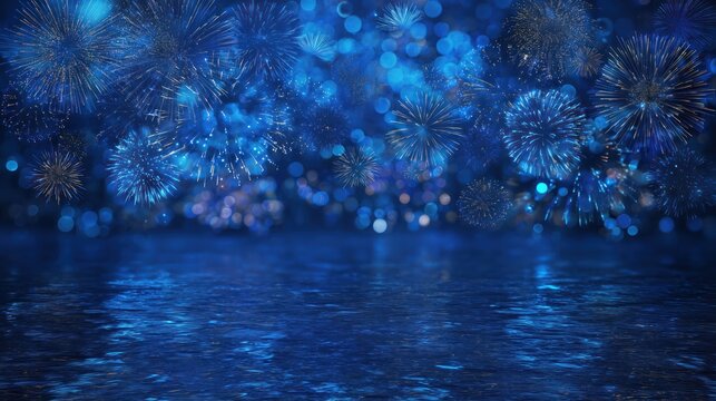 Blue Fireworks Display Over Water with Bokeh Lights
