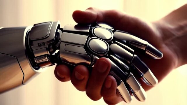  Close-up of Human Hand and Advanced Robot Hand Meeting in Collaborative Partnership Handshake
