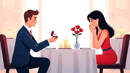 Romantic proposal scene illustration with a man on one knee presenting an engagement ring to a surprised woman during a candlelit dinner, symbolizing love and commitment and a new journey together