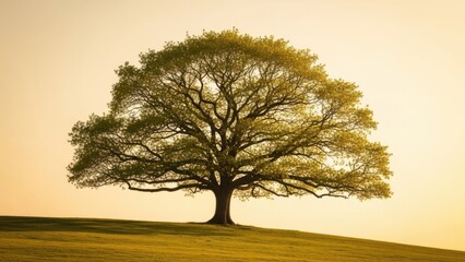 Majestic tree standing alone on a hilltop at sunset