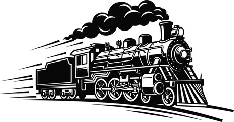 Powerful steam locomotive racing forward with smoke and motion lines isolated black vector illustration symbolizing speed history and railway transport © Nayan Stock