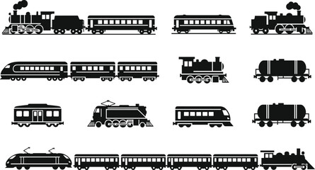 Train silhouettes collection featuring steam diesel electric locomotives and passenger wagons isolated black vector illustration set for railway transport concepts © Chopon