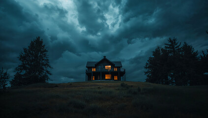 Obraz premium Isolated house on a hill under a dramatic stormy sky with warm lights glowing from windows