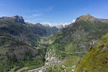 Panoramic view from Belvedere above Colle Santa Lucia overlooking Monte Pelmo and the Selva di Cadore valley in the Dolomites, Italy