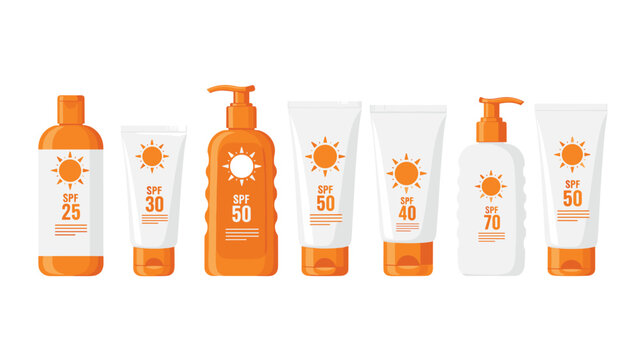 A collection of sunscreen products in various bottles and tubes with different SPF protection levels, illustrating sun care and UV protection.
