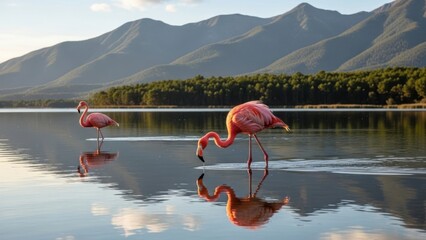 Two flamingos standing in calm lake water with mountains in background