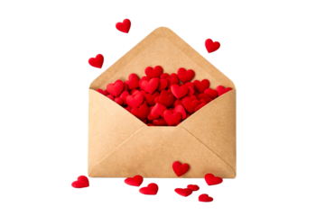 Brown craft paper envelope overflowing with many vibrant red hearts, symbolizing love and affection, ideal for Valentines Day greetings or romantic holiday promotions.