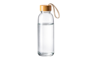 A stylish clear glass water bottle with a natural bamboo cap and a convenient fabric loop for easy carrying, perfect for promoting sustainable hydration and healthy lifestyle products.