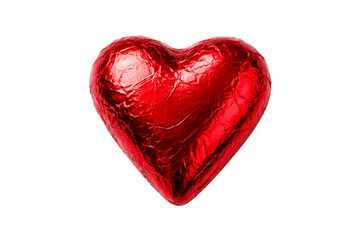 A shimmering red foil wrapped chocolate heart symbolizing love and affection perfect for romantic holiday promotions and sweet gift presentations