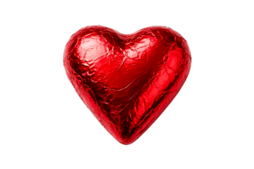A shimmering red foil wrapped chocolate heart symbolizing love and affection perfect for romantic holiday promotions and sweet gift presentations