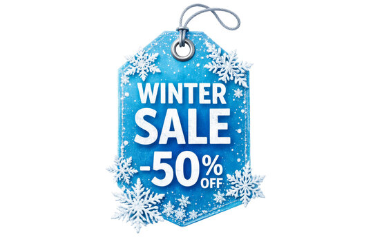 A blue winter sale tag with snowflakes and glitter advertising a fifty percent discount, perfect for holiday promotions, seasonal marketing, or retail store signage. - Powered by Adobe