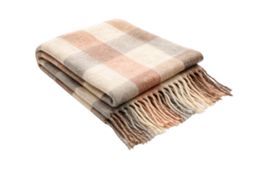 Soft cozy plaid blanket with warm muted colors and fringes, perfect for adding comfort and style to home interiors or for seasonal merchandise displays.