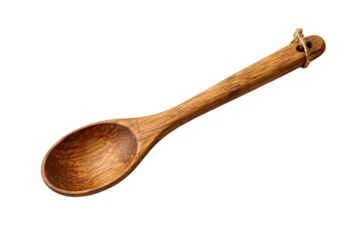 A beautifully crafted wooden spoon with a rustic twine tie on its handle, perfect for culinary and household themes, kitchenware catalogs, or food preparation visuals.