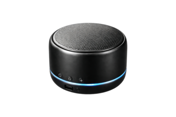 Compact black portable Bluetooth speaker with a modern design and glowing blue light, perfect for electronics catalogs, technology reviews, and sound equipment promotions
